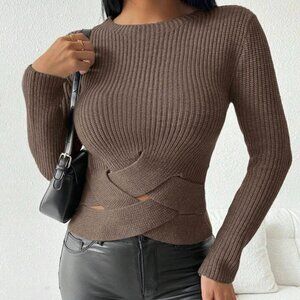 SHEIN ChicEase Coffee Brown Round Neck Sweater